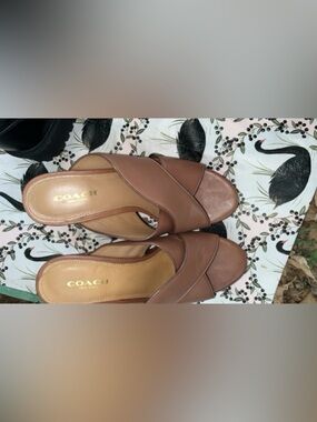 COACH Tan Leather Cross-Band Women's Slide Sandals